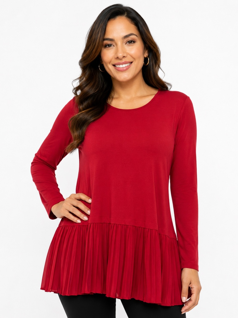 J. Jill Red Pleated Hem Long‎ Sleeve Tunic Top - Size Medium